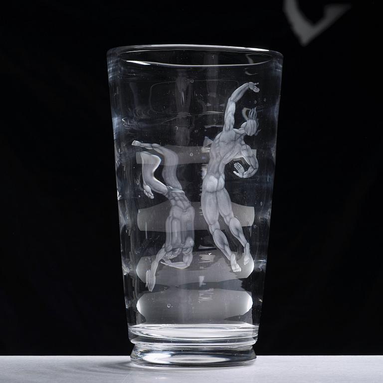 Vicke Lindstrand, an engraved "Pearl fisher" glass vase, Orrefors, Sweden 1956.