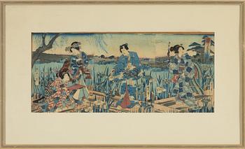 Utagawa School, a set of three woodblock print triptychs, later part of the 19th Century.