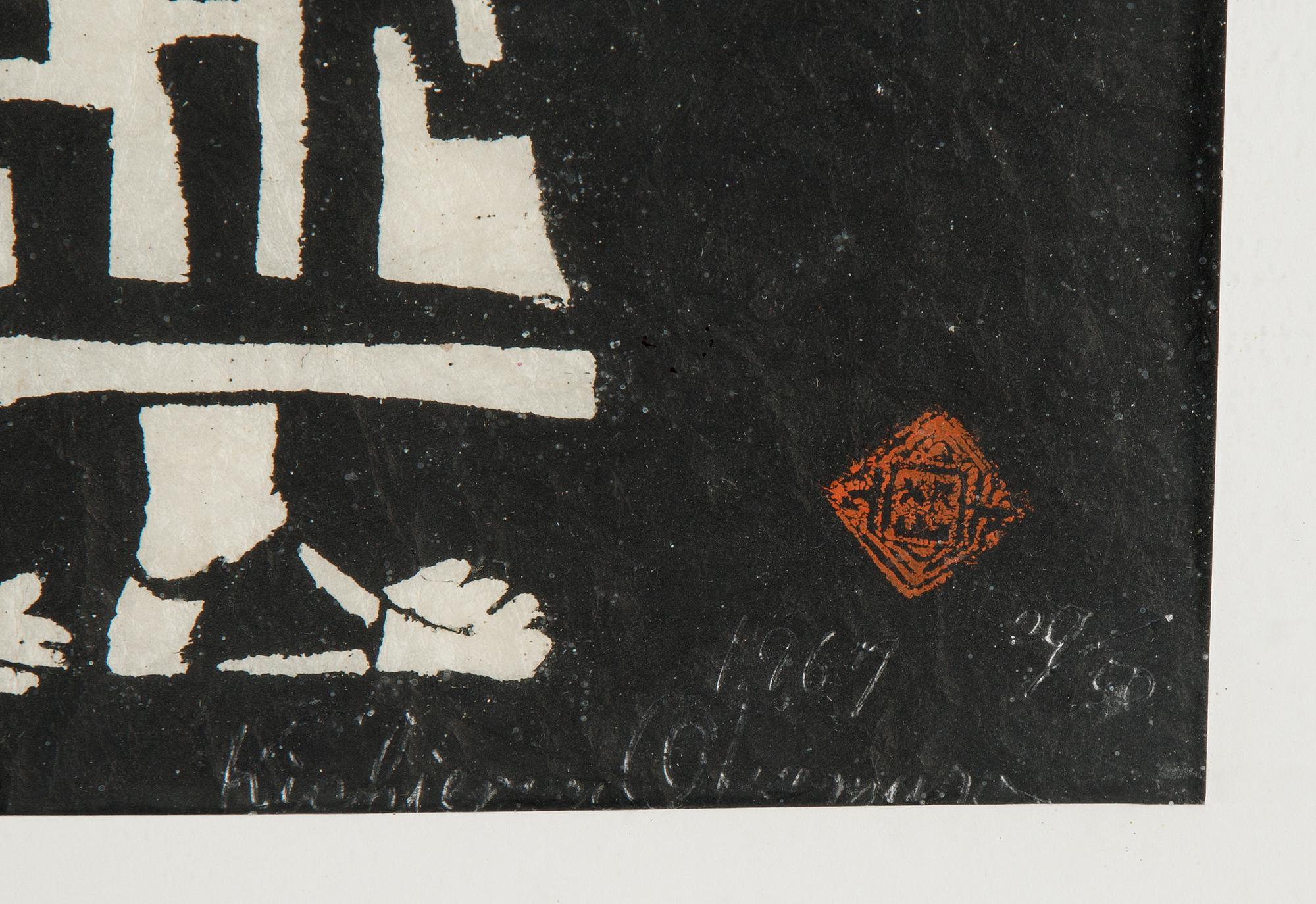 kichiemon okamura, stencil print, signed with seal mark for the artist.