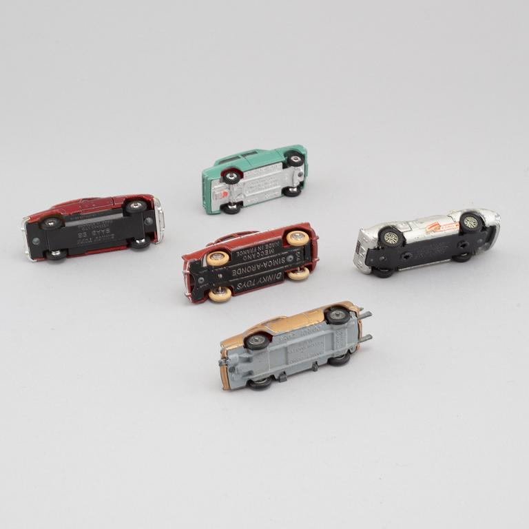 Five 1960s toy cars by Corgi and Dinky toys.