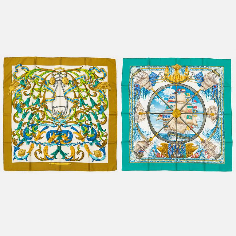 Hermès, two twill silk scarves.