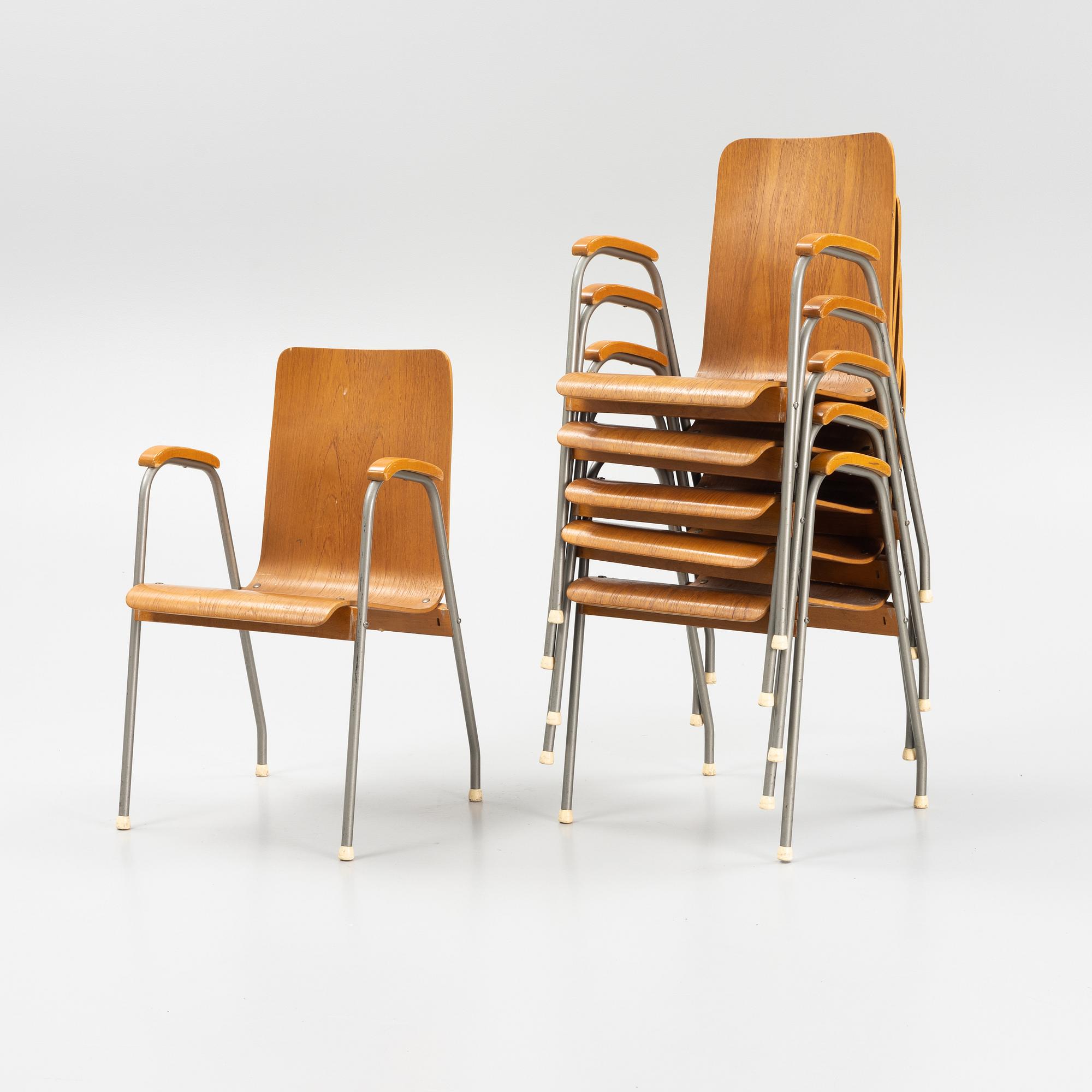 Six teak veneered armchairs, mid 20th century.