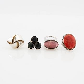Rings 4 pcs of silver with gemstones and coral.