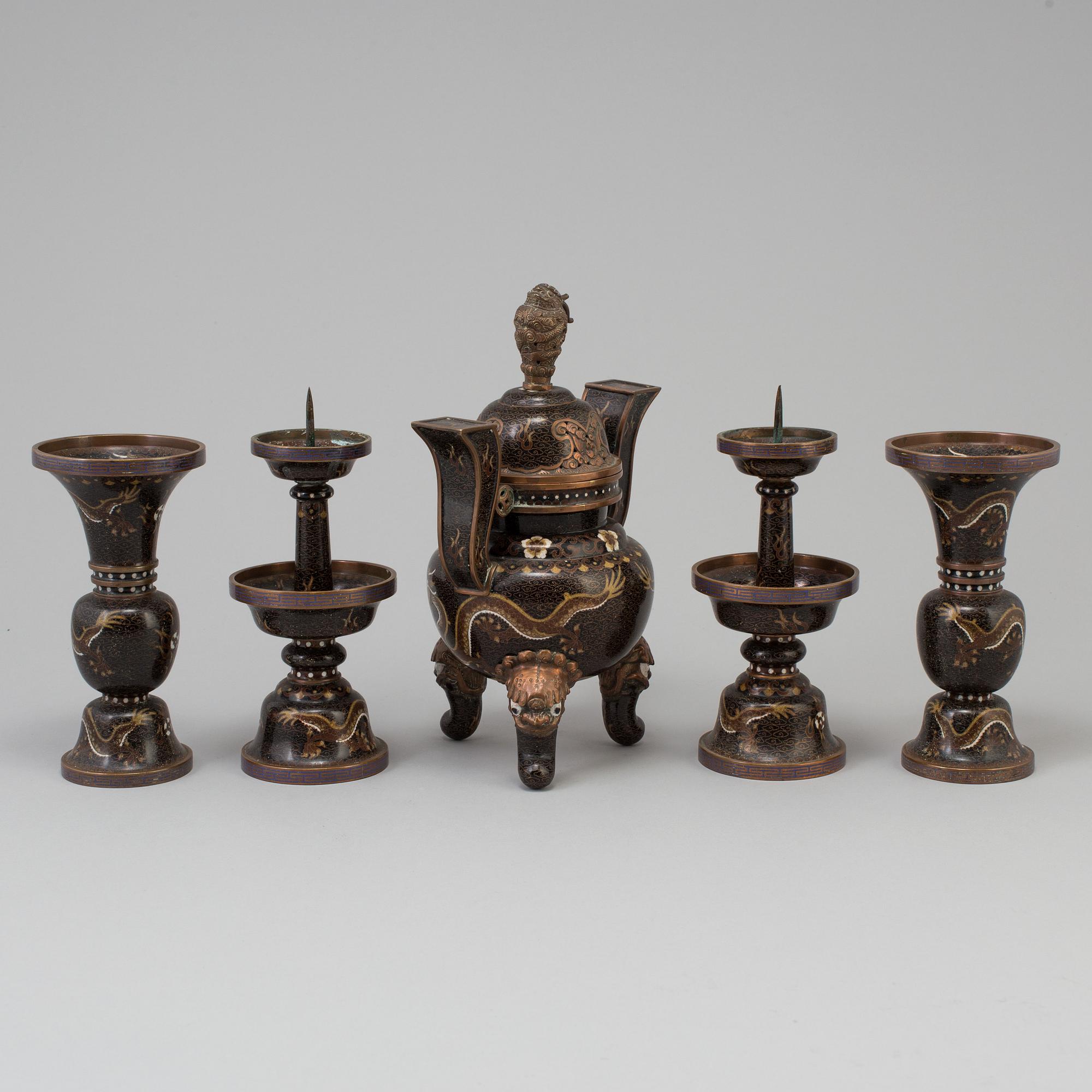 A set of five chinese altar garnitures, cloisonné, 20th century.