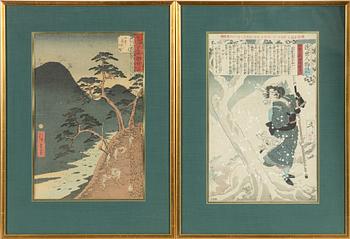 Tsukioka Yoshitoshi 1839-1892, efter,  respektive Utagawa Hiroshige II (Shigenobu), efter, färgträsnitt, 1900-tal.