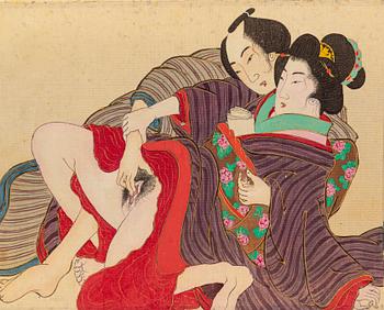 MAKIMONO/RULLMÅLNING, shunga, tusch och färg på siden. Meiji (1868-1912).