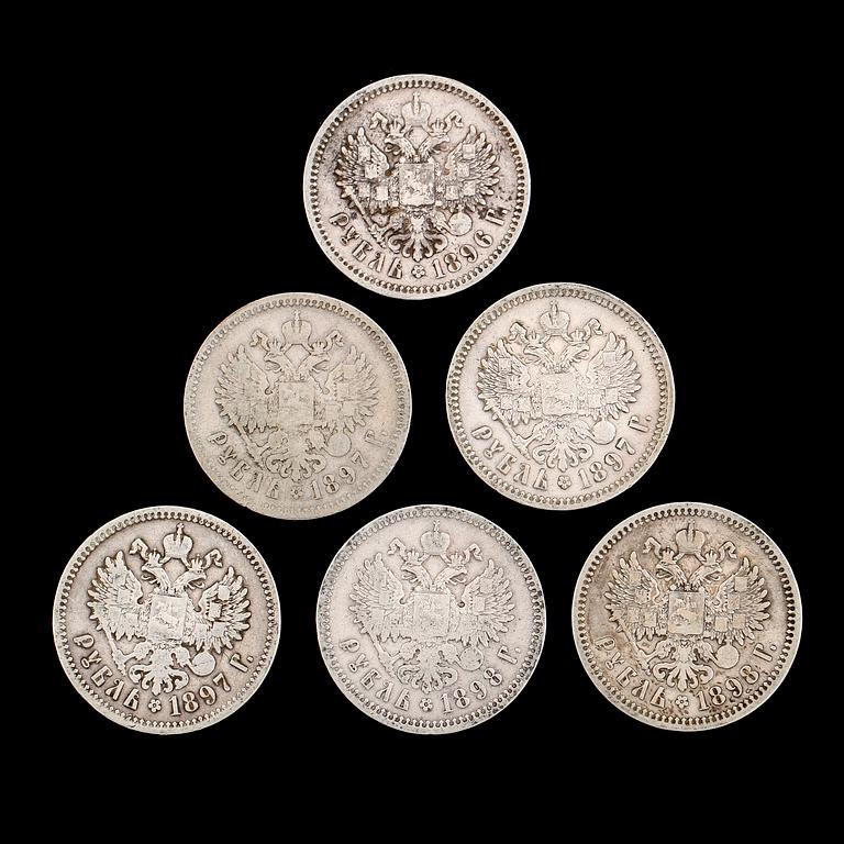SILVERMYNT, 6 st, rubel, Ryssland, 1896-1898. Vikt ca 120 gram.