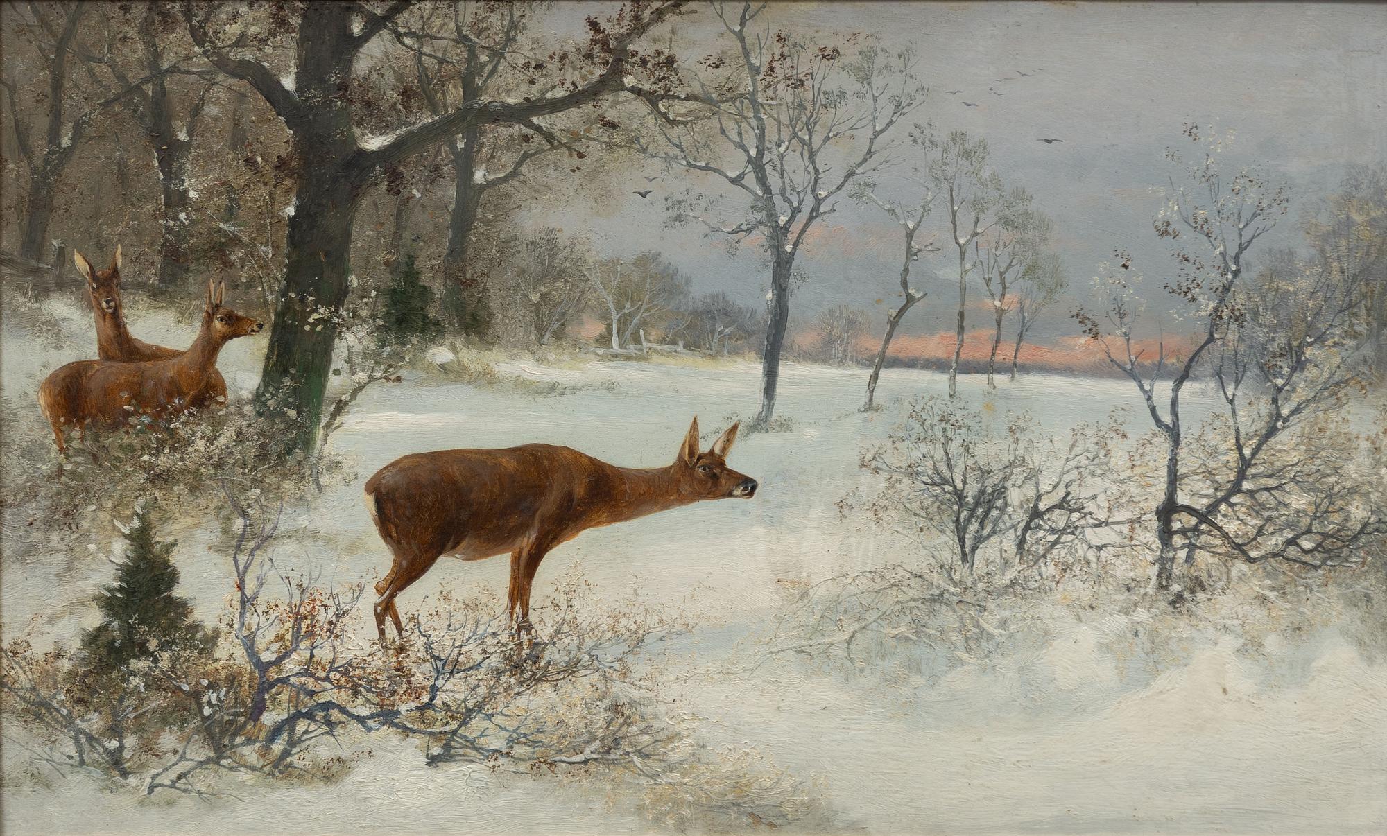 Adolf Kaufman, Winter Landscape with Roe Deer.