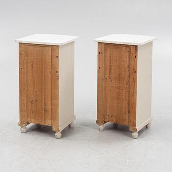 A pair of painted stone top bedside tables, early 20th Century.