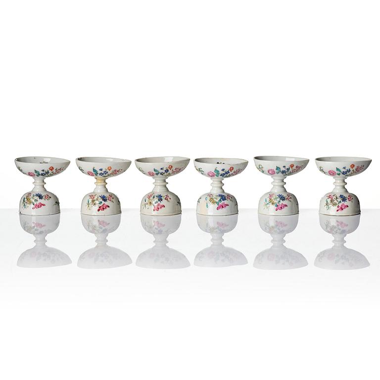 A set of six famille rose egg cups, Qing dynasty, 18th century.