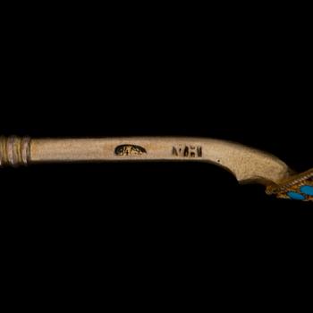 SIX RUSSIAN ENAMEL SPOONS, silver and enamel, Moscow 1896-1907, Nikolai Aleksev.