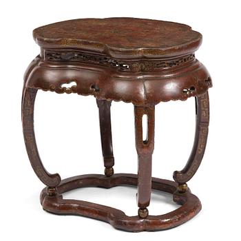 1014. A red and gold lacquer stool, Qing dynasty, presumably 18th century.