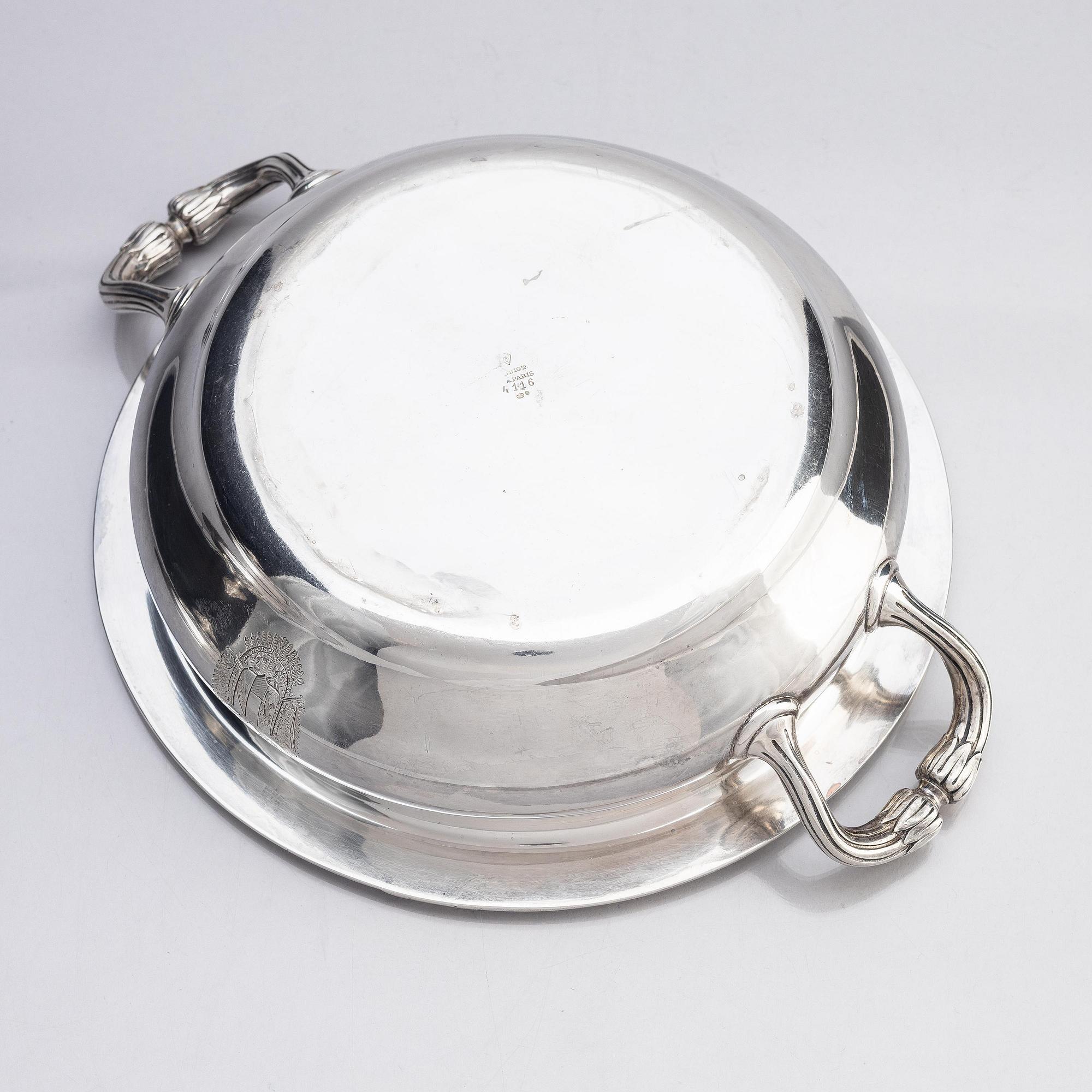 A French silver dish with lid, mark of Maison Odiot, Paris, France, second half of the 19th century.