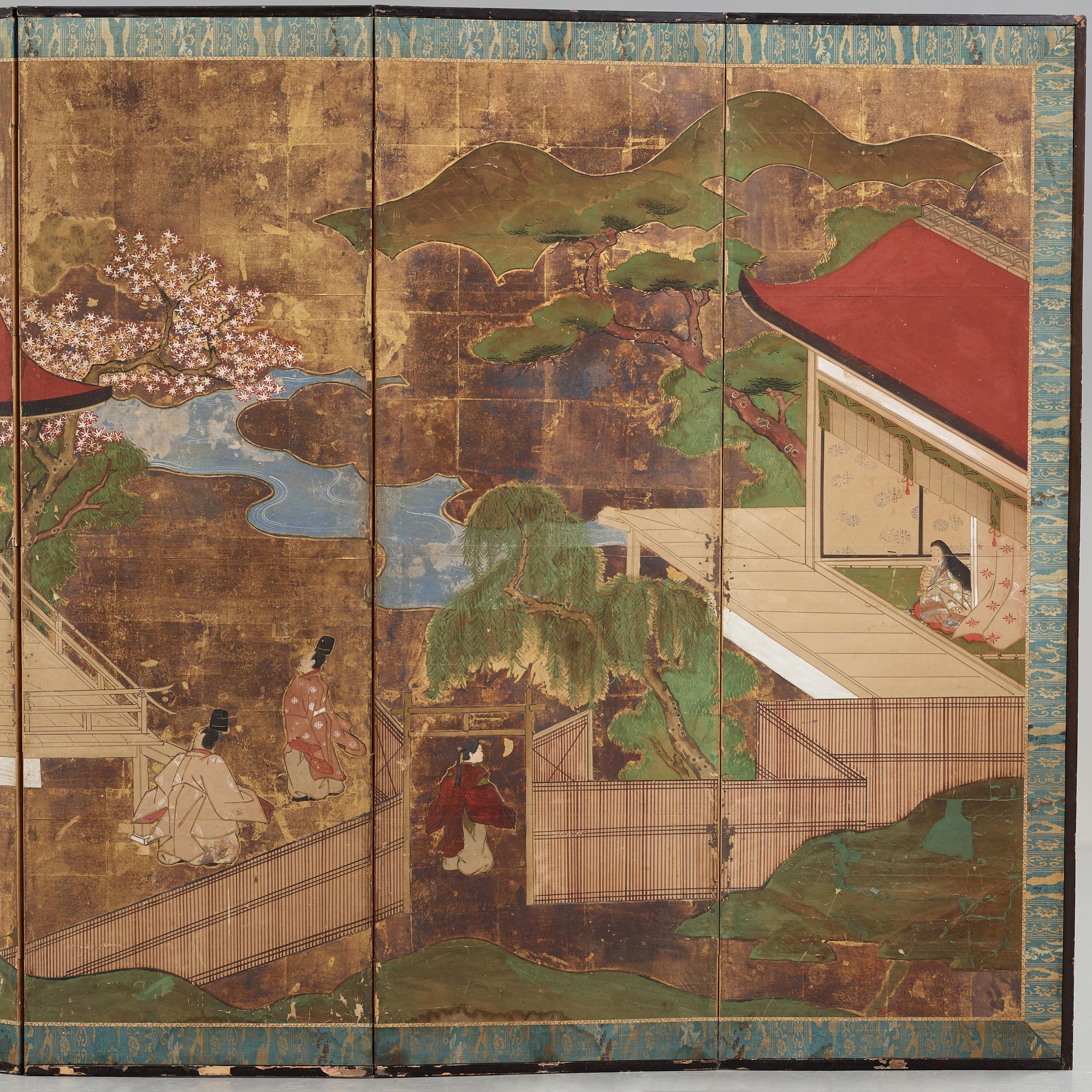 A Japanese six fold screen, Meiji (1868-1912).