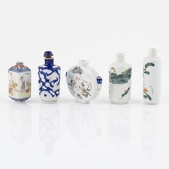 Five porcelain snuffbottles, China, 19th-20th century.