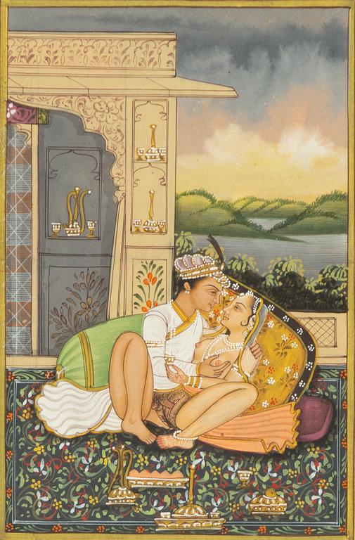 Unidentified artist, Erotic scenes in palace settings, India, 20th century. Four pieces.