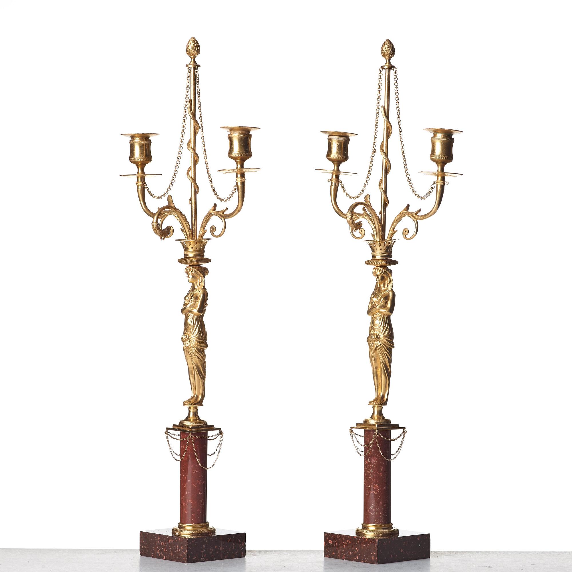 KANDELABRAR, för två ljus, ett par, sengustaviansk stil, 1800-tal.