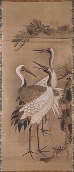 A scroll painting with cranes, signed Tsunenobu.