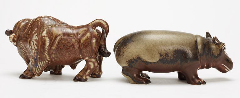 Two Gunnar Nylund stoneware figures, a bison and a hippo, Rörstrand.
