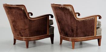 A pair of Swedish armchairs with stylized inlays, 1920-30's.