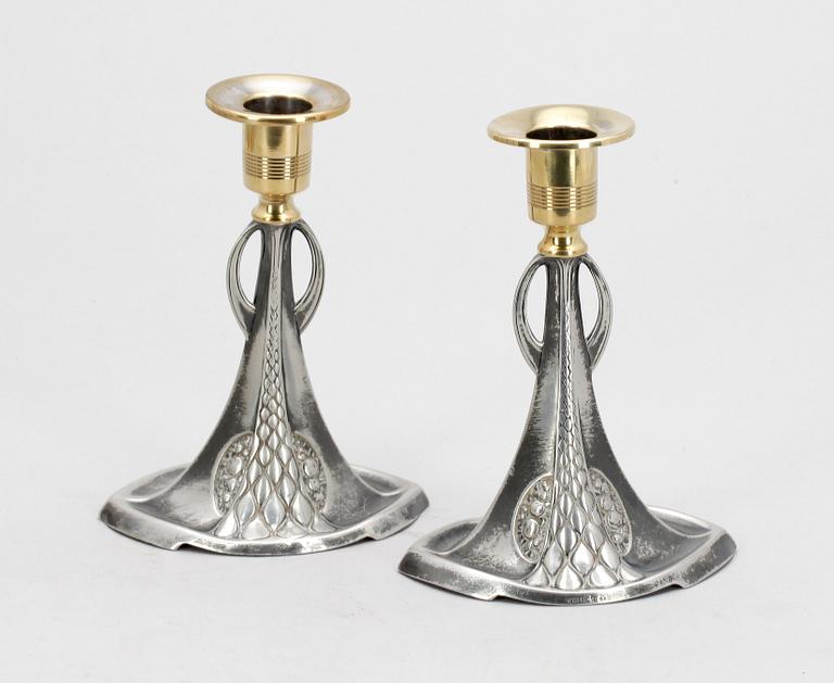 LJUSSTAKAR, ett par, WMF, vitmetall med mässing, jugend 1900-talets början.