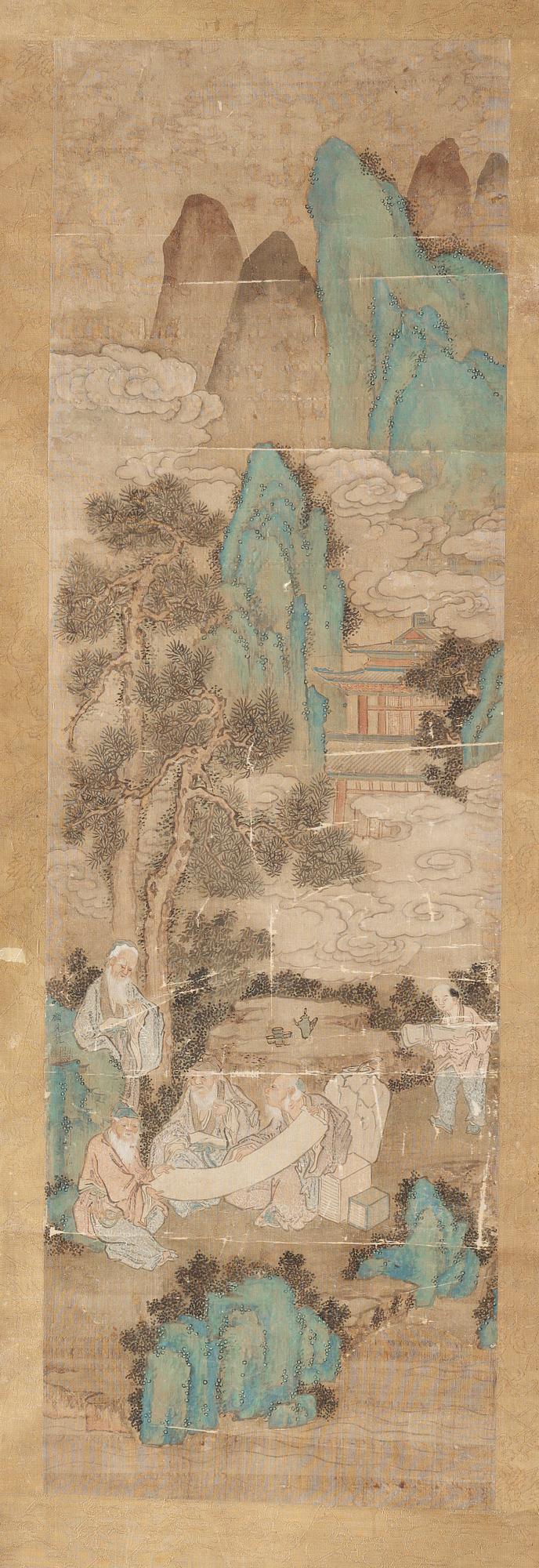 A hanging scroll with Scholars studying paintings in a garden, Qing dynasty, presumably 19th Century.