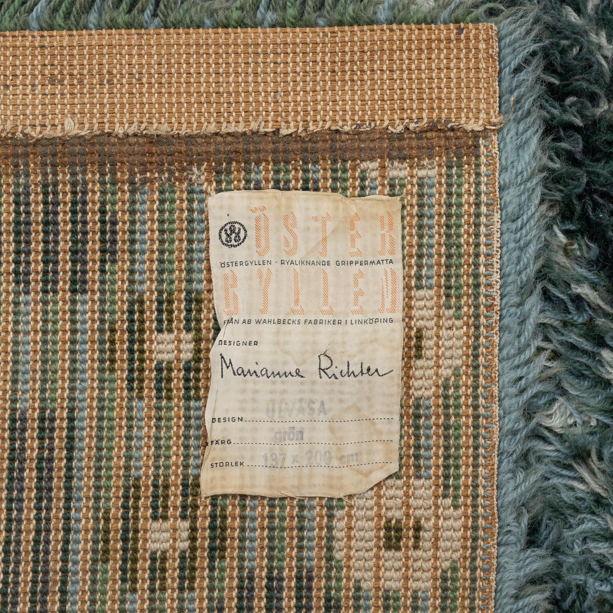 Marianne Richter, a machine made knotted pile, "Ulvåsa", Östergyllen, c. 200 x 137 cm.