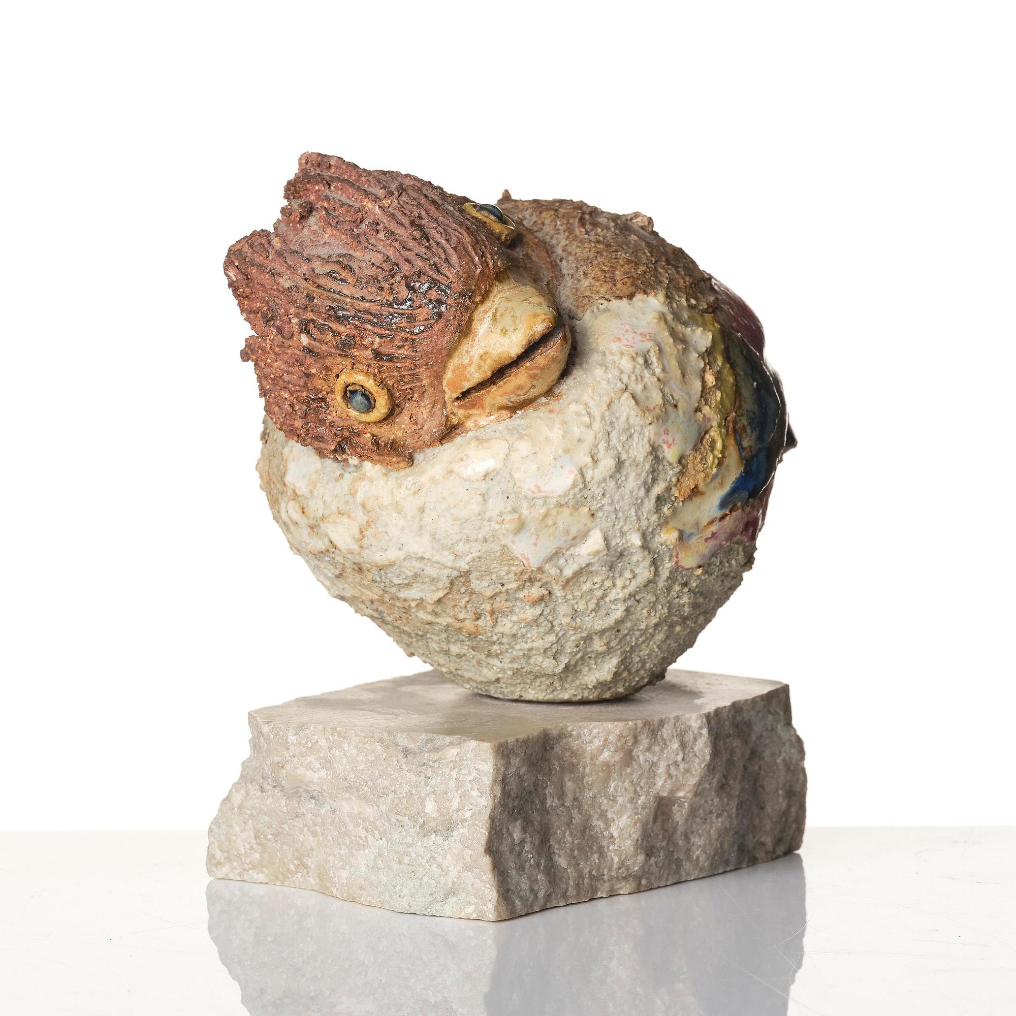 Tyra Lundgren, a stoneware sculpture of a bird, own studio, Bredkvie, Gotland.