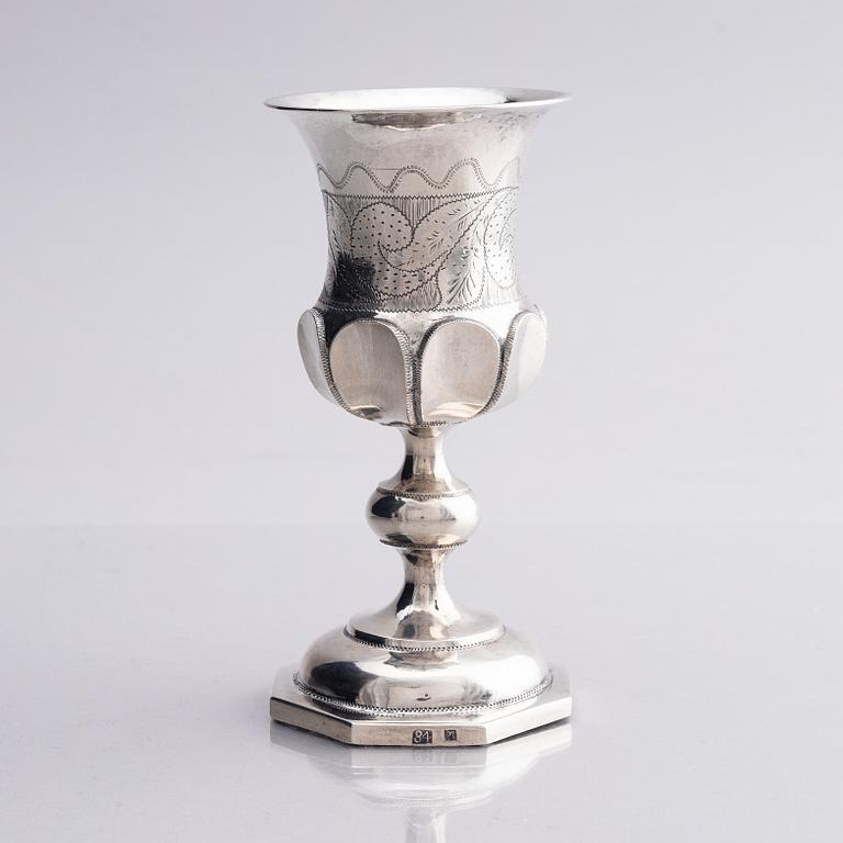 A silver chalice, possibly unidentified maker PT active in Kharkiv circa 1850.