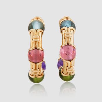 A pair of Bulgari, amethyst, peridot, pink tourmaline and aquamarine, earrings.