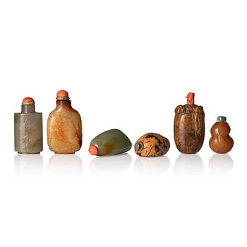 981. Snusflaskor, sex stycken, olika stensorter, bl.a. jade. Kina, 1900-tal.