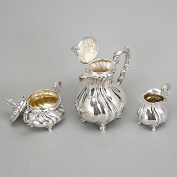 KAFFESERVIS, 3 delar, silver, rokokostil, Tyskland, svenska importstämplar. Vikt Ca 1167 gram.