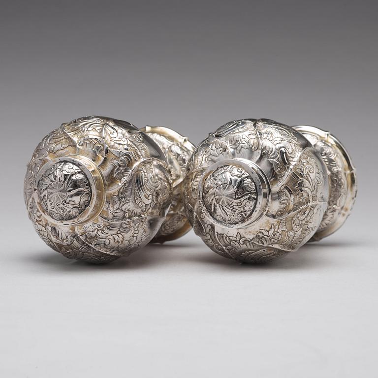 A pair of Russian 18th century silver tea-caddies, unidentified makers mark, Moscow.