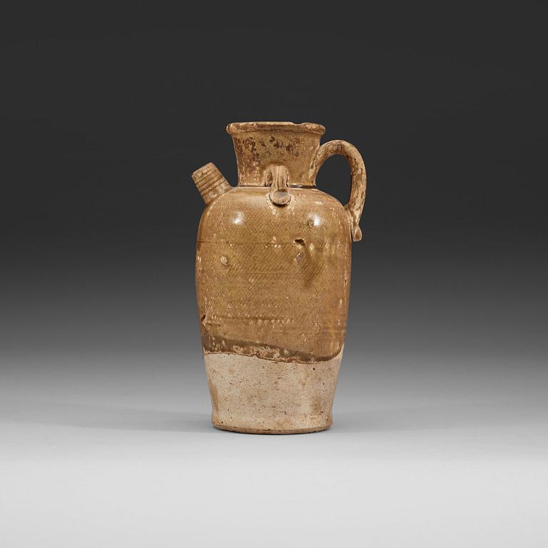 A olive glazed ewer, presumably Liao dynasty (916-1125).