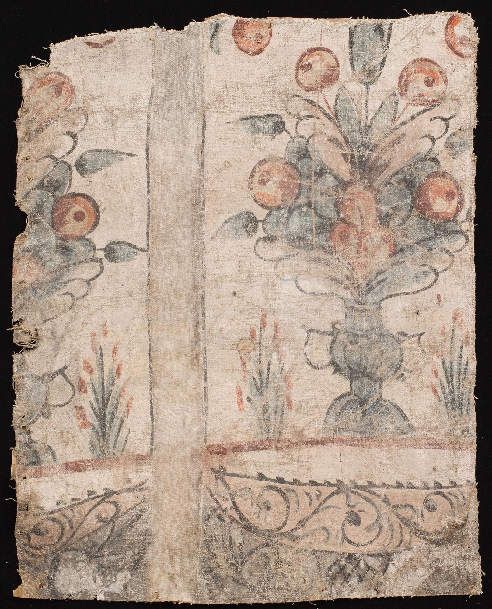 DEL AV VÄGGFÄLT, MÅLAD VÄV, DELSBO HÄLSNINGLAND MÅLAT AV GUSTAF REUTER, CA 1750.