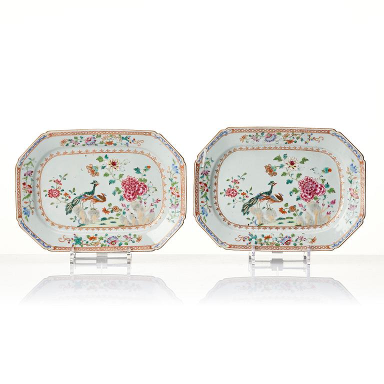 A set of three famille rose 'double peacock' serving dishes, Qing dynasty, Qianlong (1736-95).