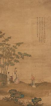 1033. A Chinese scroll painting, ink and colour on silk laid on paper, Qing dynasty, probably 18th Century.