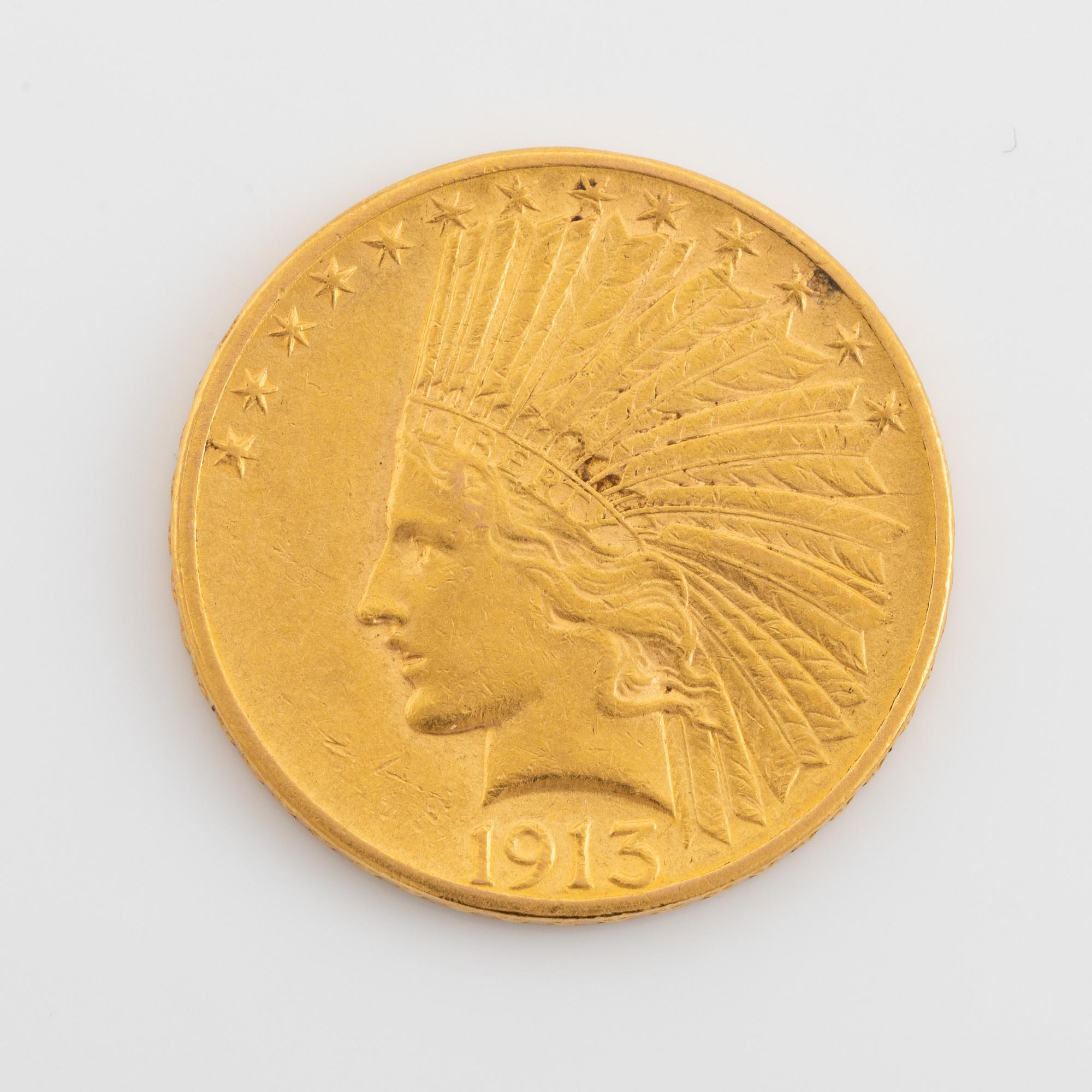 A 10 Dollar gold coin, USA, 1913.