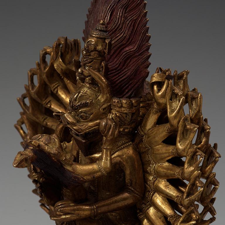 A bronze figure of Yamantaka Vajrabhairava and consort, Tibeto-Chinese, circa 1900.