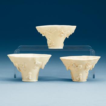 1682. A set of three blanc de chine libation cups, Qing dynasty.
