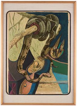 CO Hultén, oil on lithographic print, signed and executed 1952.