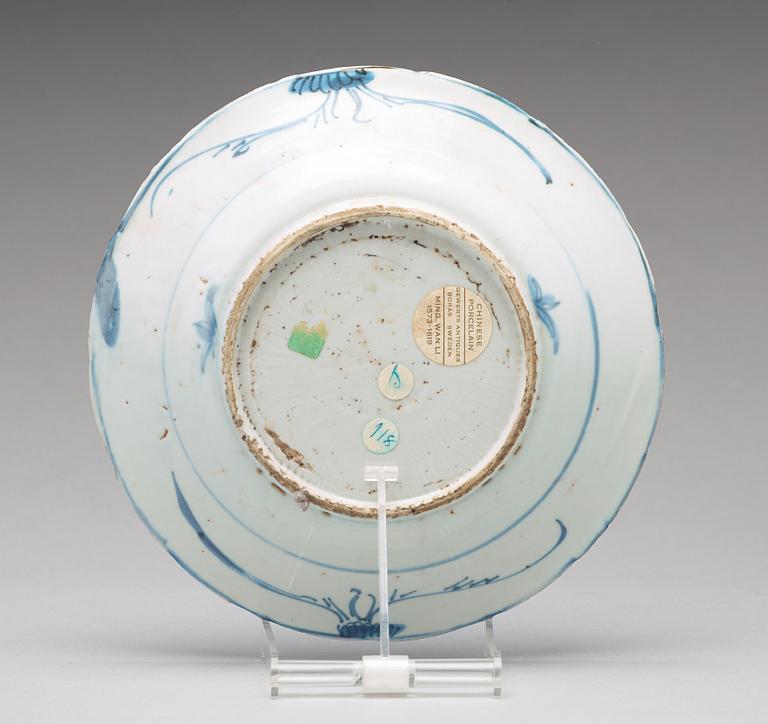 A set of six blue and white kraak dishes, Ming dynasty, Wanli (1572-1620).