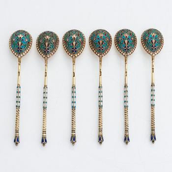 A set of six cloisonné enamel silver gilt teaspoons, maker's mark of Ivan Saltykov, Moscow 182-89. In original box.