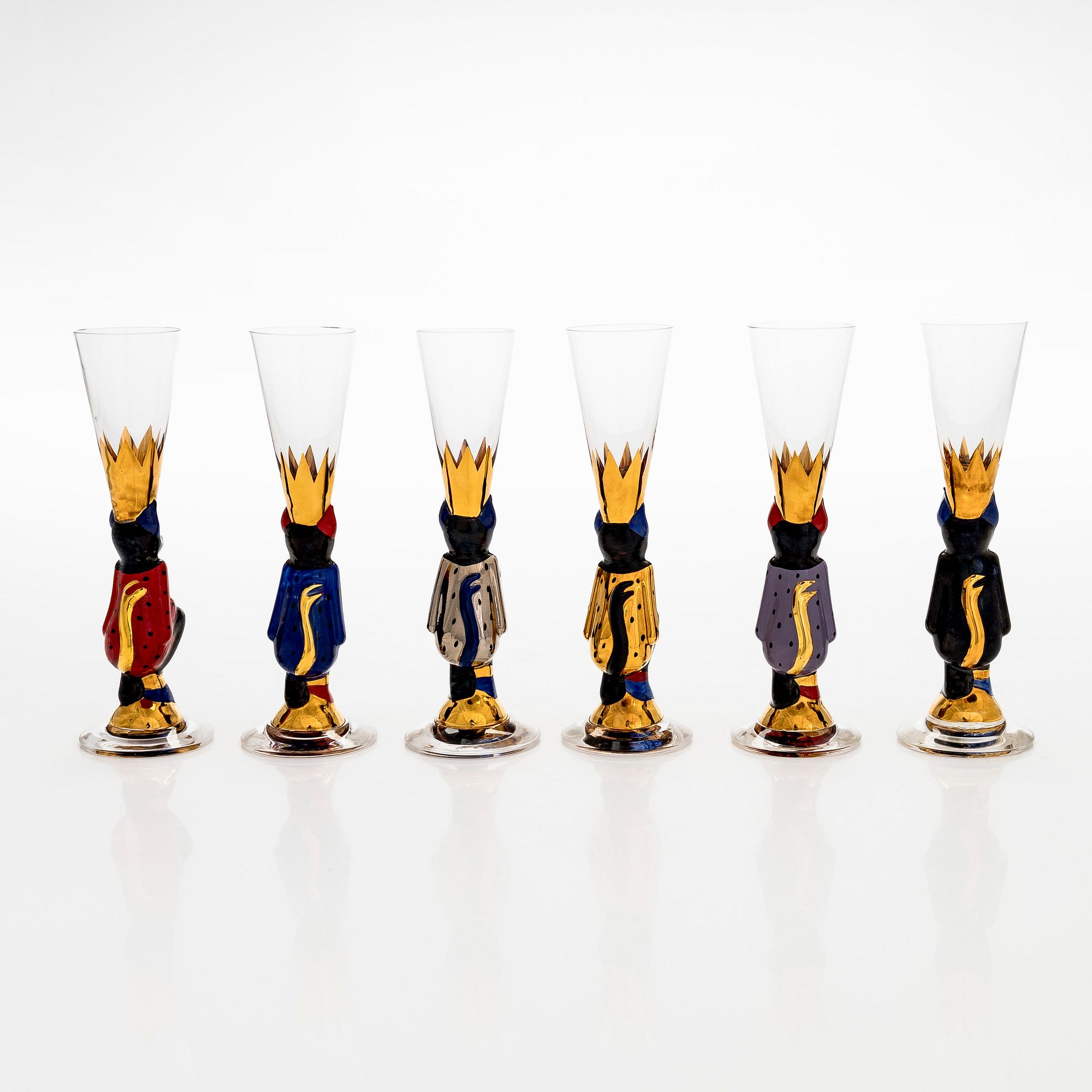 Gunnar Cyrén, snapsilaseja, 6 kpl, ns. "Djävulsglas" (paholaislasi), Nobel-astiastosta, Orrefors.