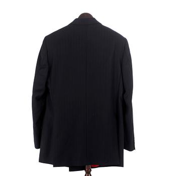 ROSE & BORN, a men's blue and red pinstriped wool suit consisting of jacket and pants, size 52.