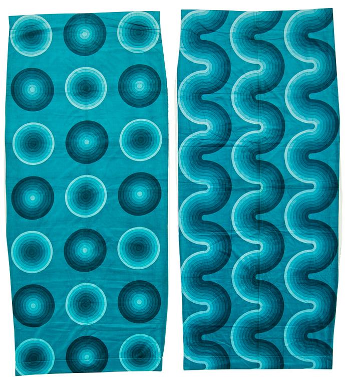 CURTAINS, 3 PIECES, AND SAMPLERS, 7 PIECES.  Cotton velor. A variety of turquoise nuances and patterns. Verner Panton.