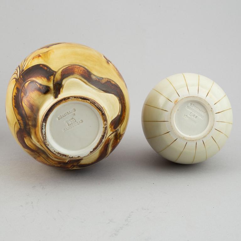 Gertrud Lönegren, two stoneware vases and a plate, Rörstrand, 1936-1941.