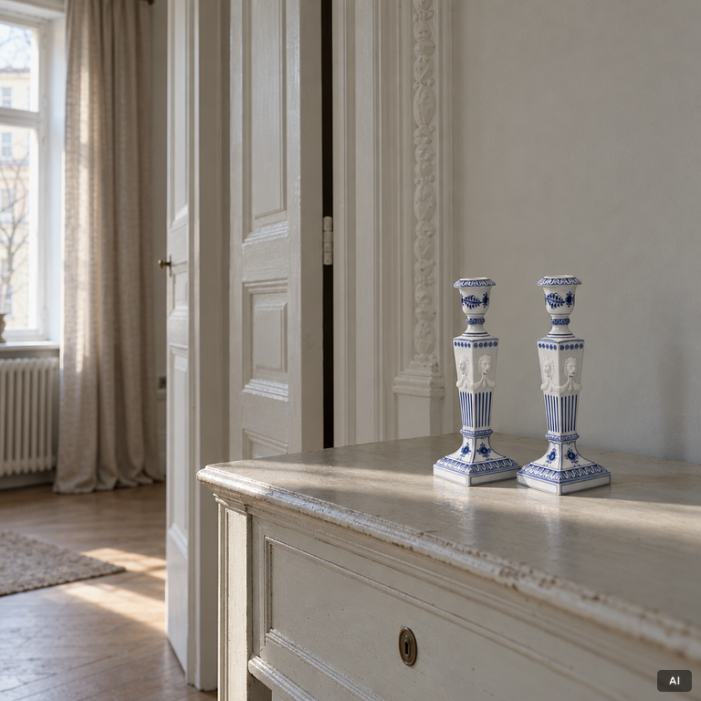 Royal Copenhagen, Candlesticks, a pair, porcelain, "Musselmalet", Denmark, 1935–1936 & 1980–1984.