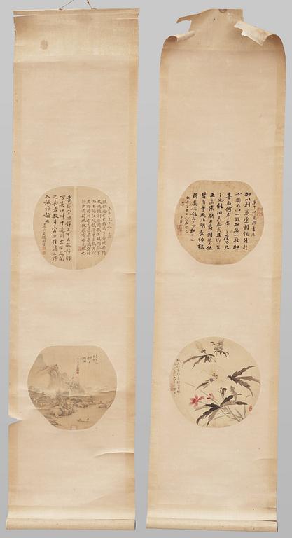 Four fan paintings and calligraphy, of landscapes and flowers, mounted as scrolls, late Qing dynasty/early 20th Century.