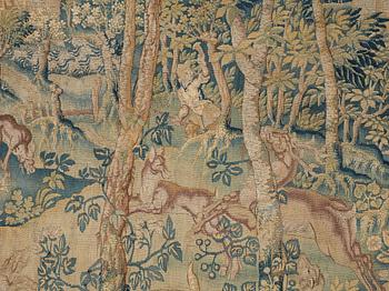 VÄVD TAPET, gobelängteknik, ca 191,5 x 220,5 cm, Flandern 1500-tal. Järnstång medföljer.